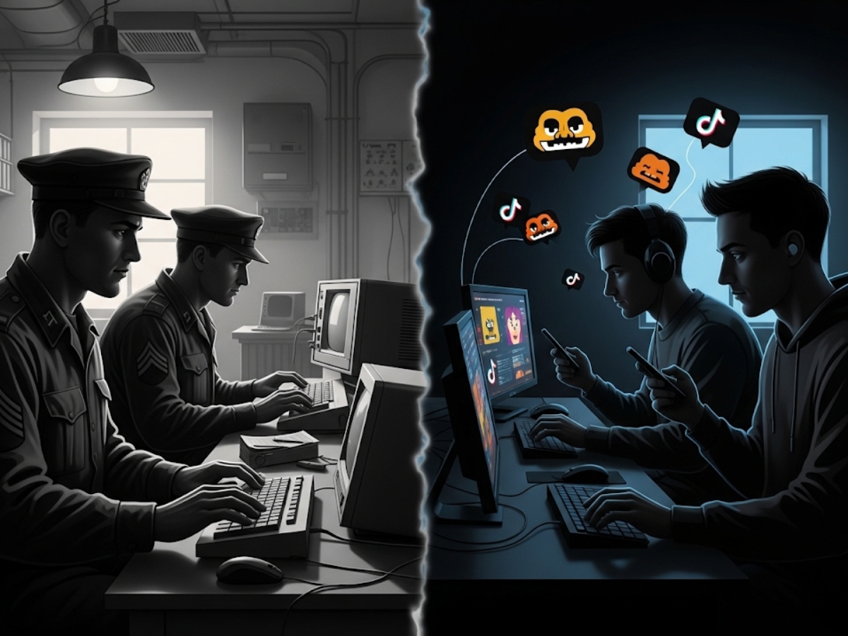 Split image showing the evolution and the history of the internet use — left side with soldiers using early computers during the Cold War, right side showing modern internet use with memes, cat videos, and social media icons.