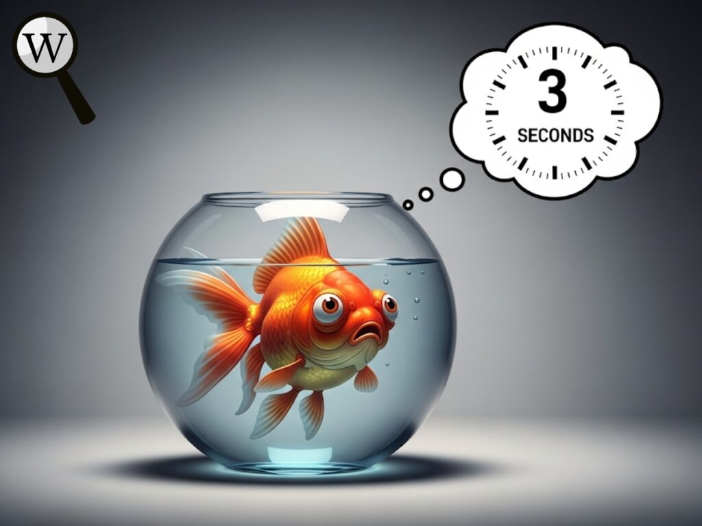 A goldfish swimming inside a small round bowl with a thought bubble showing a clock reading 3 seconds.