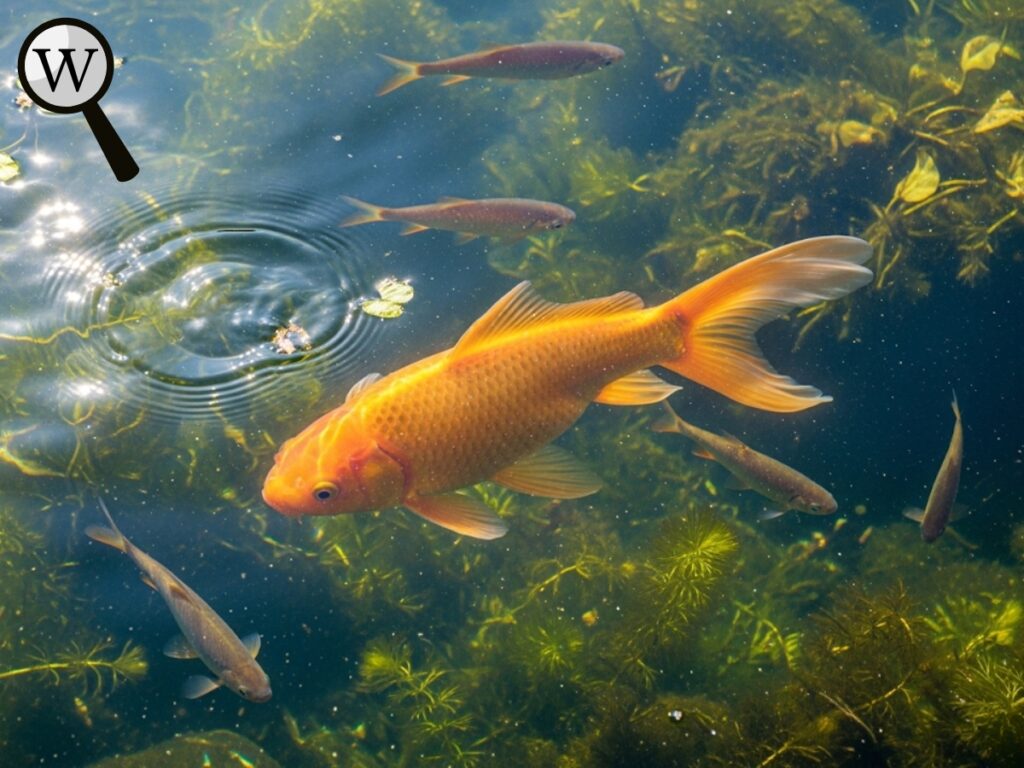 A large goldfish swimming in a natural pond environment with plants, other fish, and sunlight filtering through water.