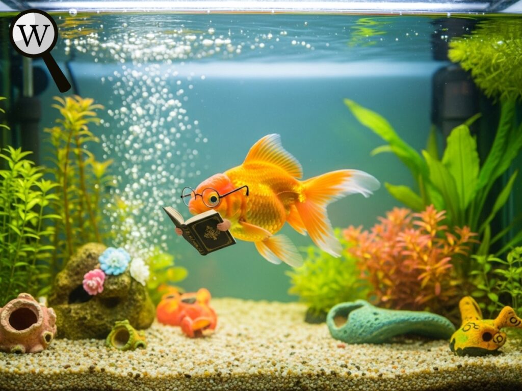 A goldfish wearing glasses and holding a book, swimming confidently in a decorated aquarium.