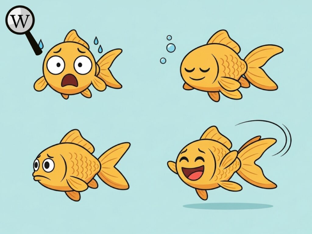 A goldfish showing expressions like stress (wide eyes), comfort (calm swimming), and excitement (energetic movement) illustrated with simple emoji-style faces.