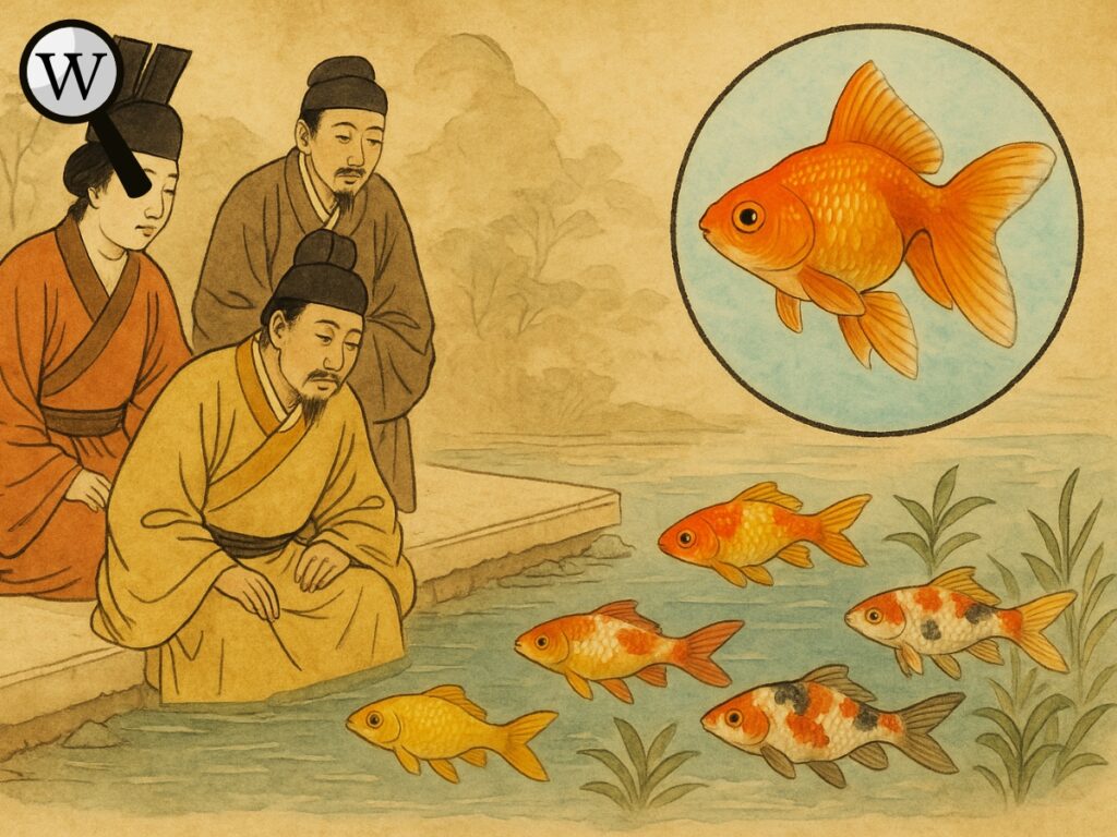 Historical depiction of ancient Chinese royals observing colorful carp, with an inset showing a modern vibrant goldfish.