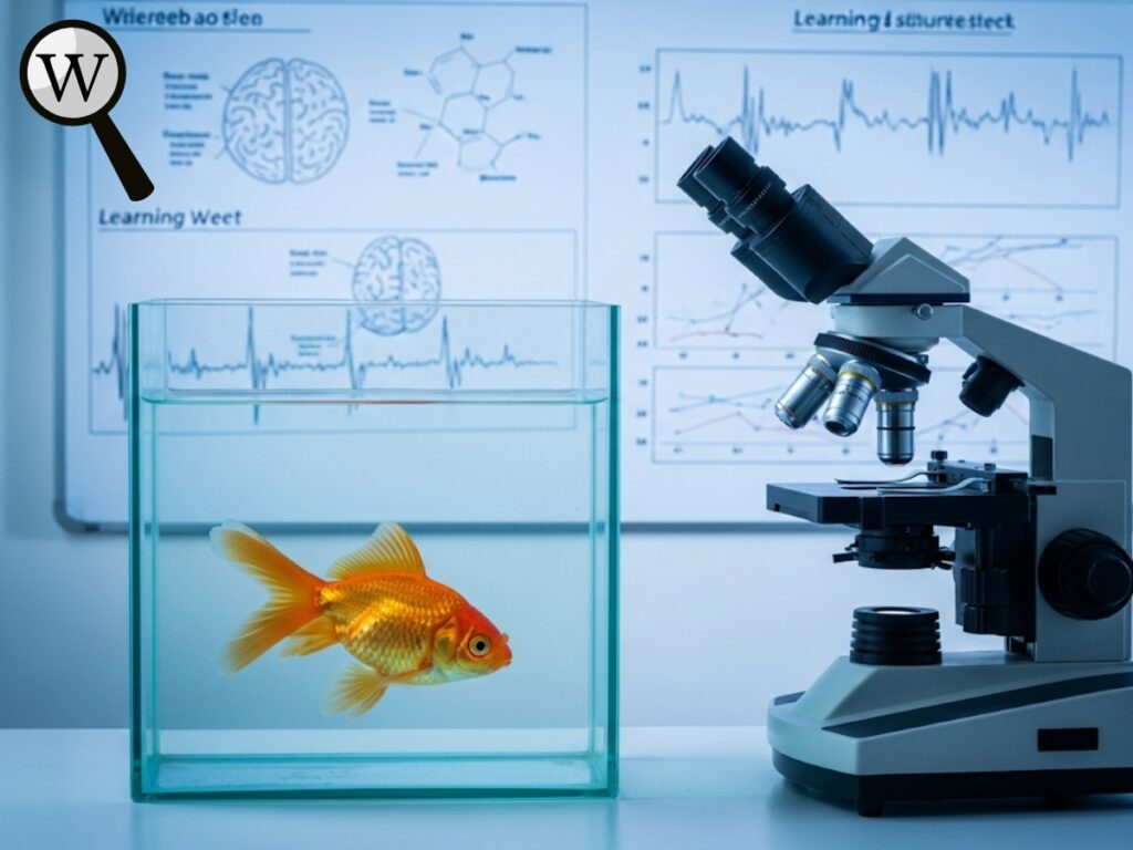 A goldfish in a lab tank next to a microscope and scientific charts showing brainwaves or learning curves.