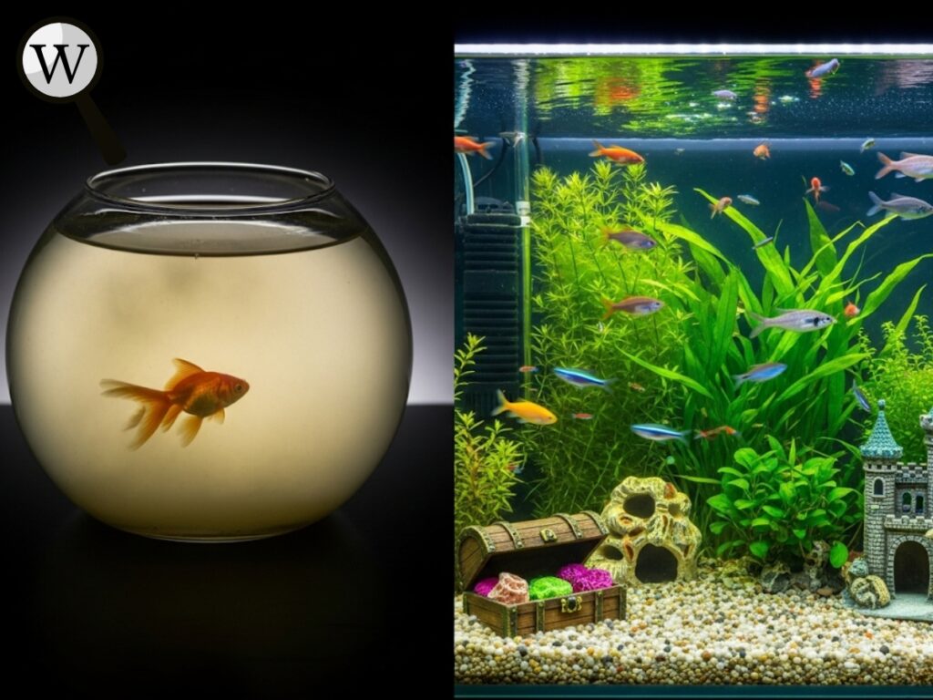 A side-by-side comparison showing a small goldfish bowl with murky water and a large, filtered aquarium with plants and decorations.