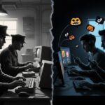 Split image showing the evolution and the history of the internet use — left side with soldiers using early computers during the Cold War, right side showing modern internet use with memes, cat videos, and social media icons.