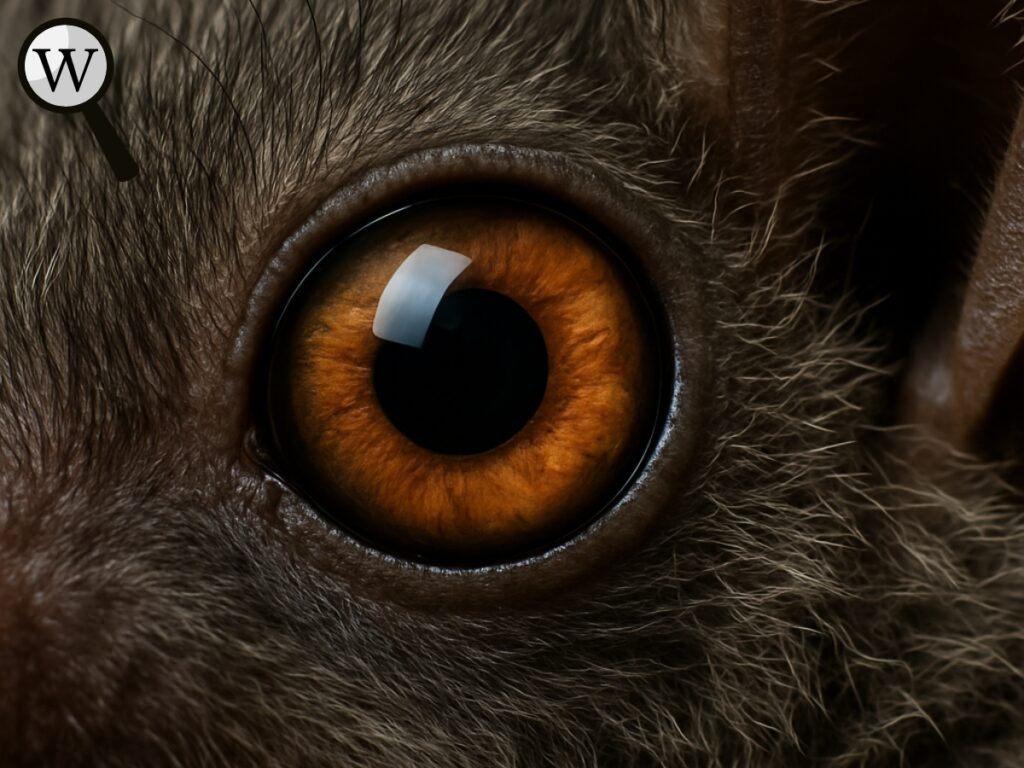 Close-up image of a bat’s eye showing detailed features to highlight their vision abilities.